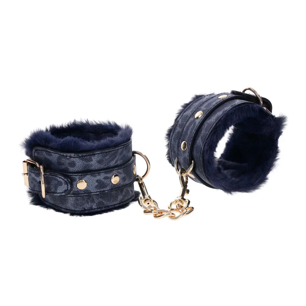 Sex & Mischief Cougar Fur Handcuffs - Navy /Gold Furry Restraints Sportsheets Discreet Intimate Essentials.