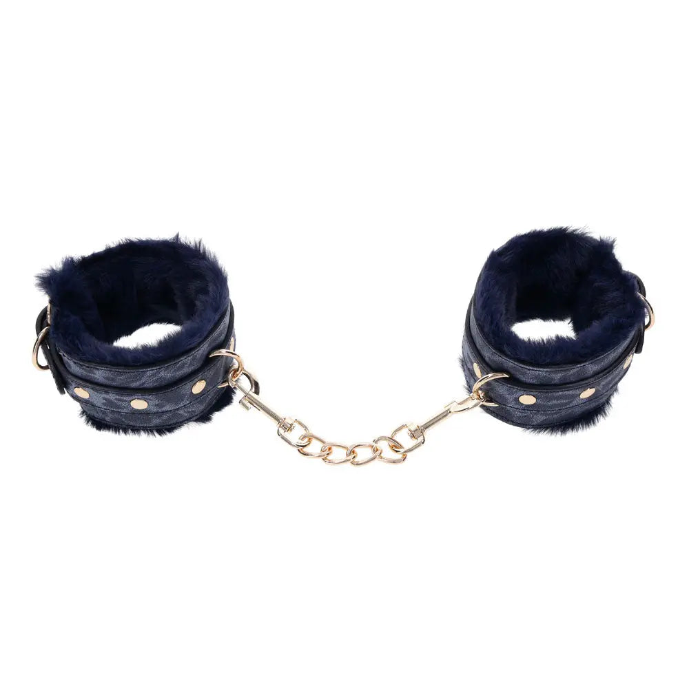 Sex & Mischief Cougar Fur Handcuffs - Navy /Gold Furry Restraints Sportsheets Discreet Intimate Essentials.