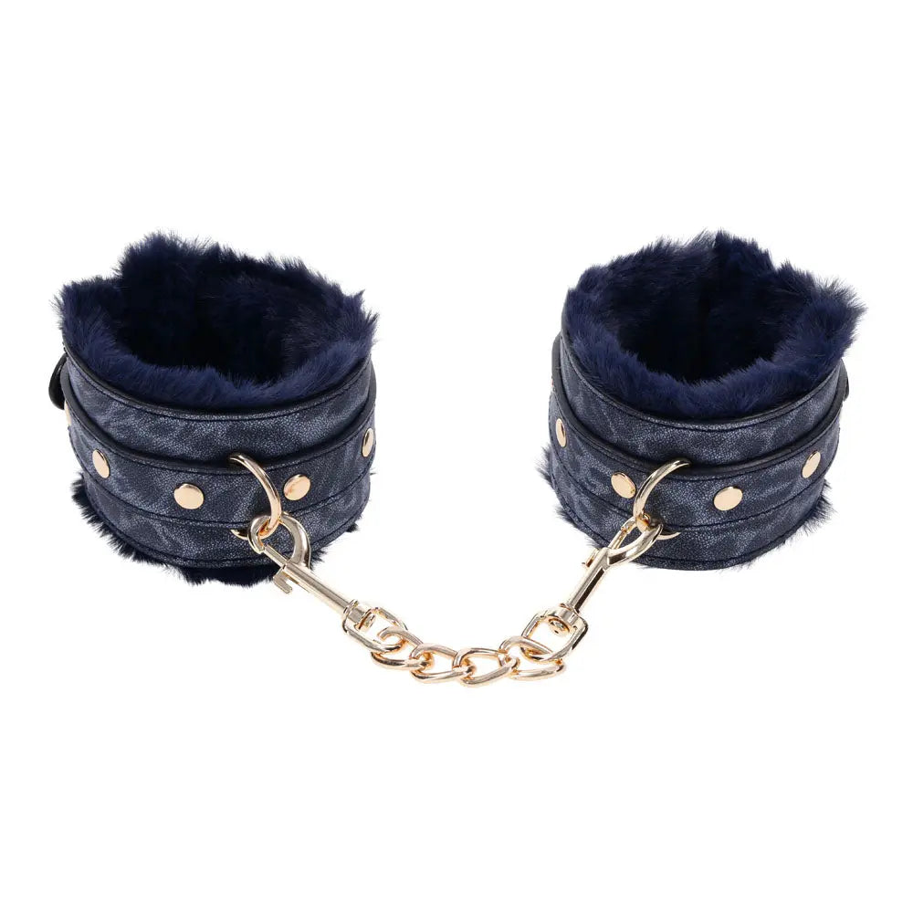 Sex & Mischief Cougar Fur Handcuffs - Navy /Gold Furry Restraints Sportsheets Discreet Intimate Essentials.