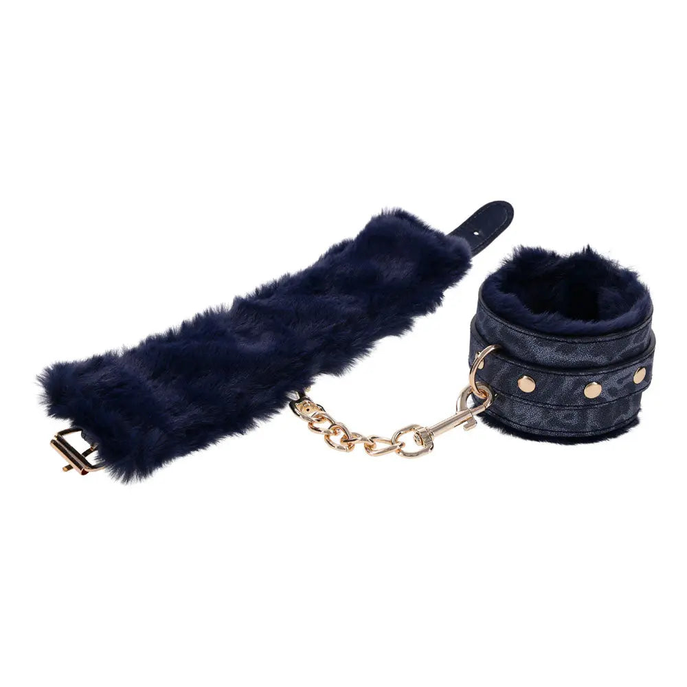Sex & Mischief Cougar Fur Handcuffs - Navy /Gold Furry Restraints Sportsheets Discreet Intimate Essentials.