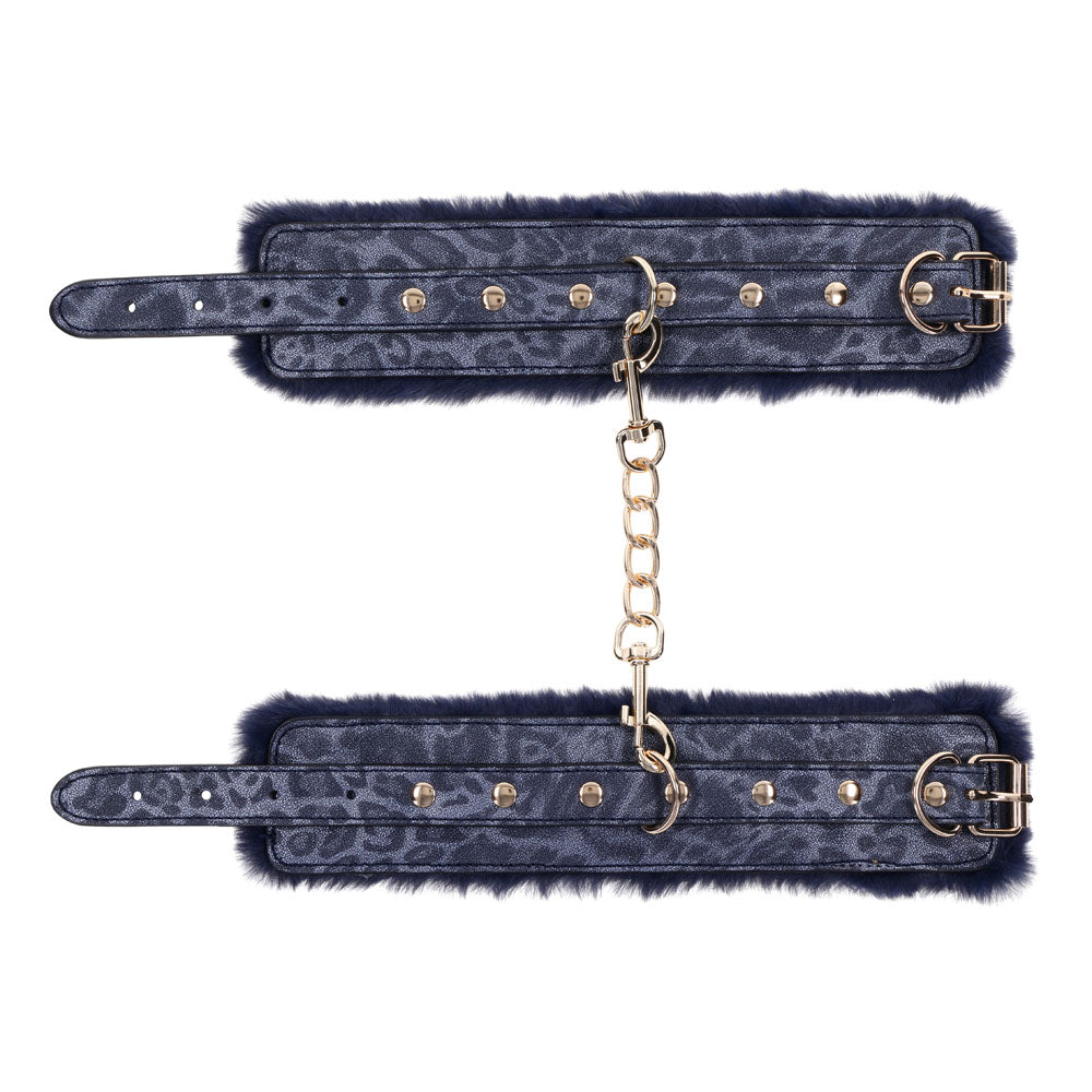 Sex & Mischief Cougar Fur Handcuffs - Navy /Gold Furry Restraints featuring luxurious navy faux fur and gold hardware.