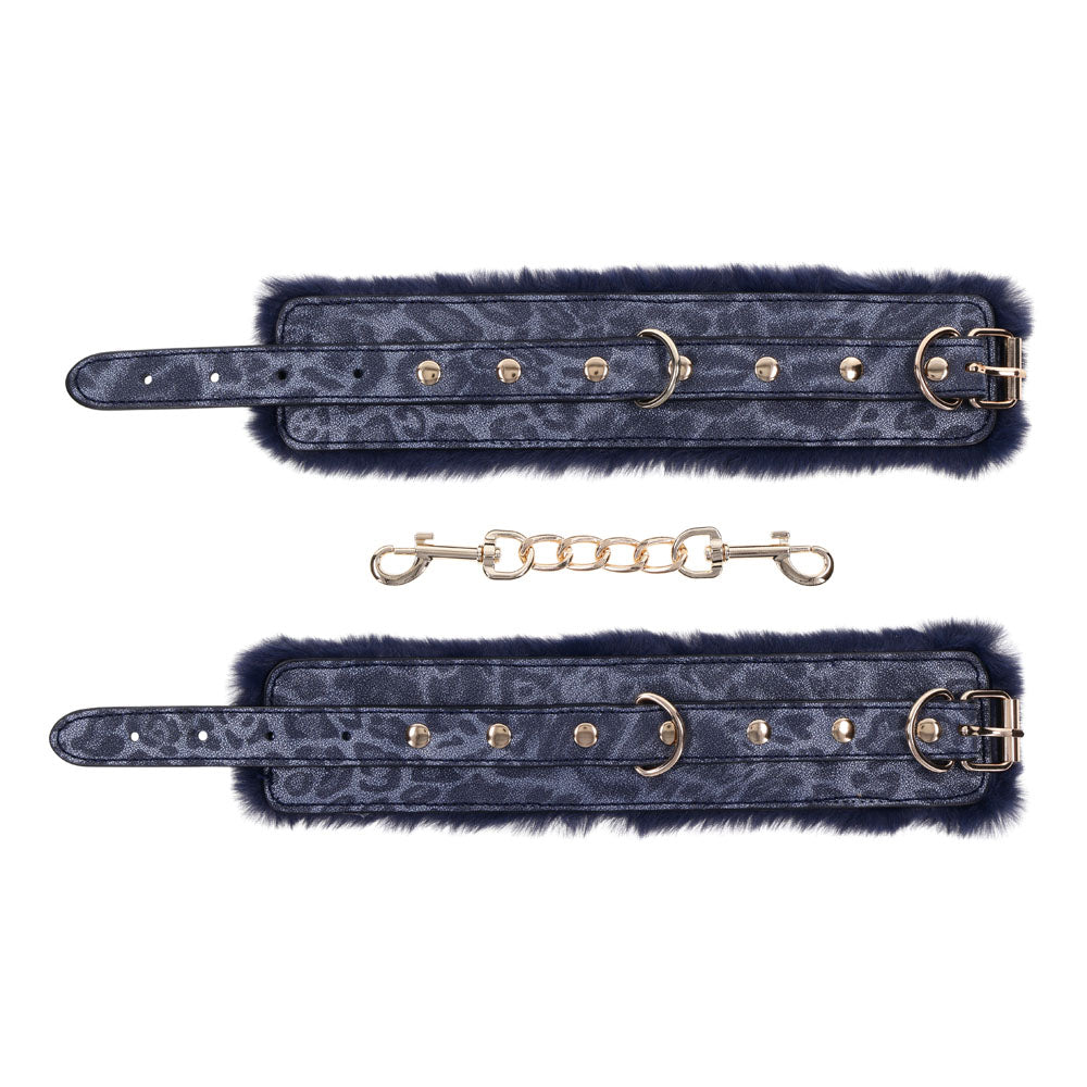 Sex & Mischief Cougar Fur Handcuffs - Navy /Gold Furry Restraints featuring faux fur and gold hardware for intimate play.