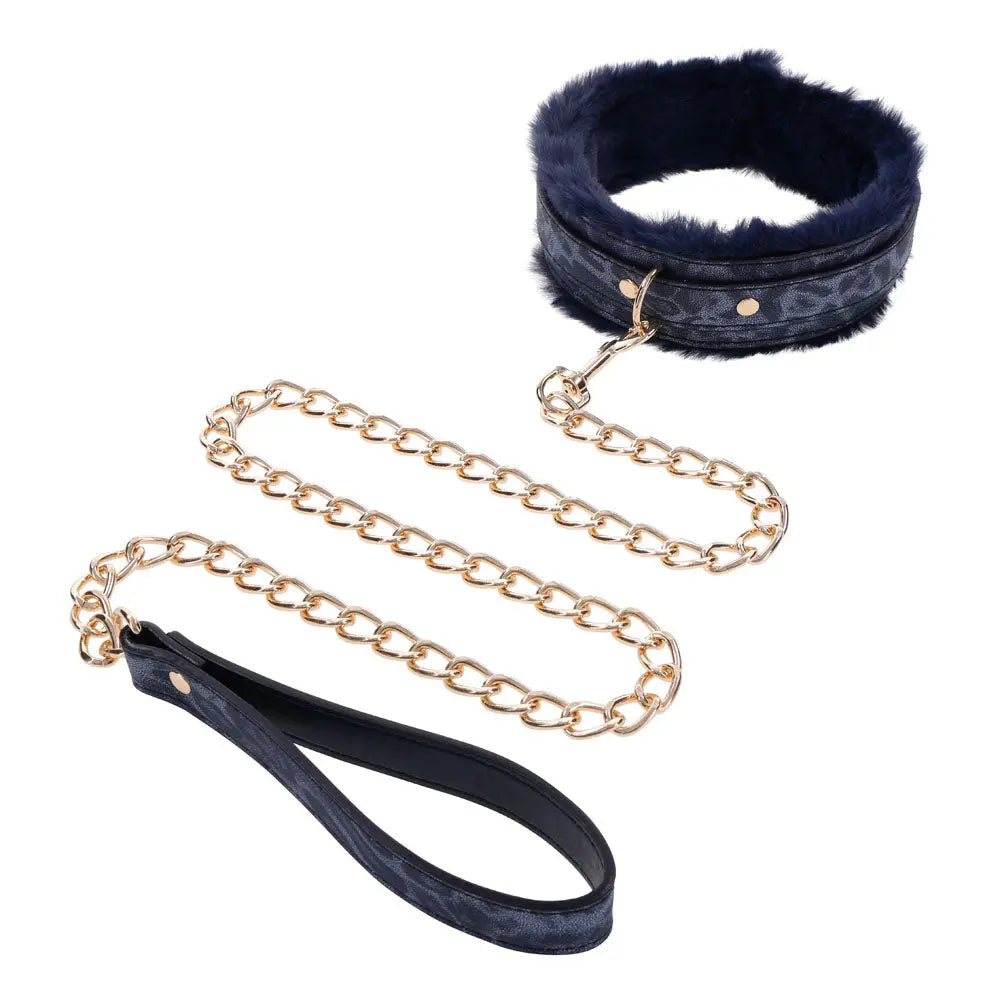 Sex & Mischief Cougar Fur Collar & Leash - Navy /Gold Furry Restraint Sportsheets Discreet Intimate Essentials.