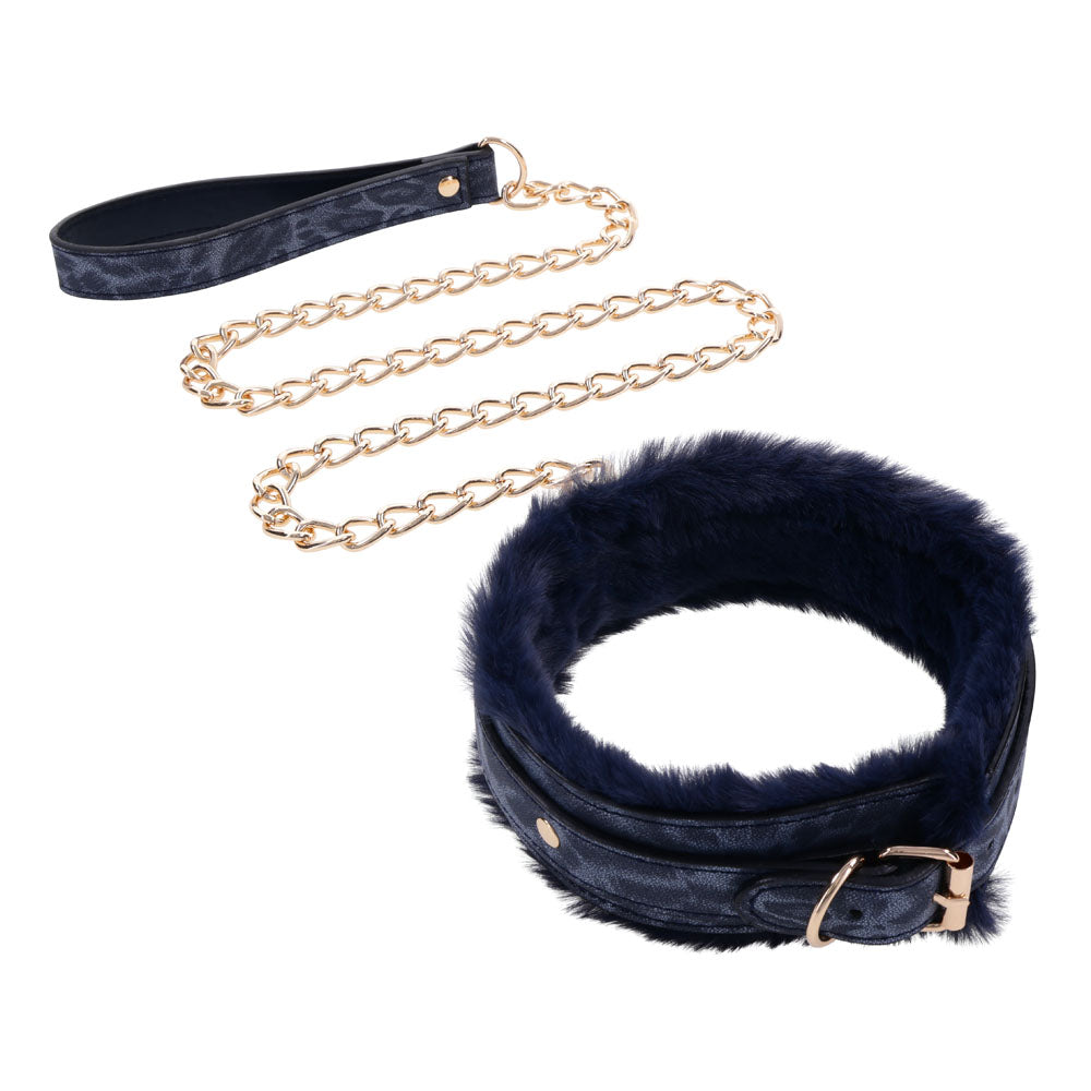 Sex & Mischief Cougar Fur Collar & Leash - Navy /Gold Furry Restraint with faux fur lining and gold chain.