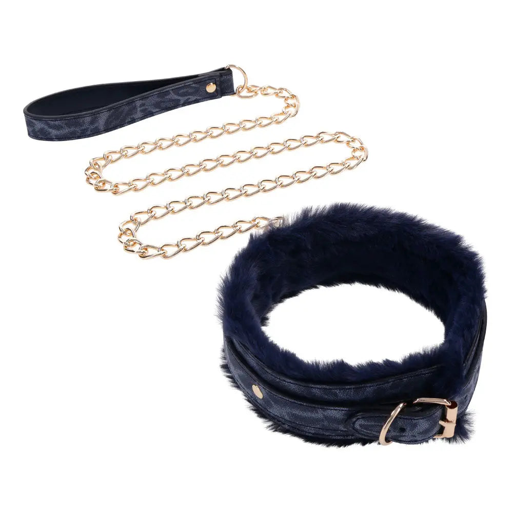 Sex & Mischief Cougar Fur Collar & Leash - Navy /Gold Furry Restraint Sportsheets Discreet Intimate Essentials.