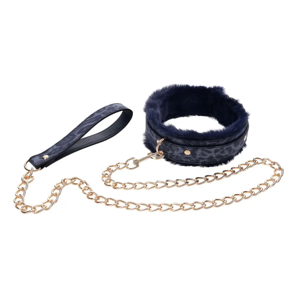 Sex & Mischief Cougar Fur Collar & Leash - Navy /Gold Furry Restraint Sportsheets Discreet Intimate Essentials.