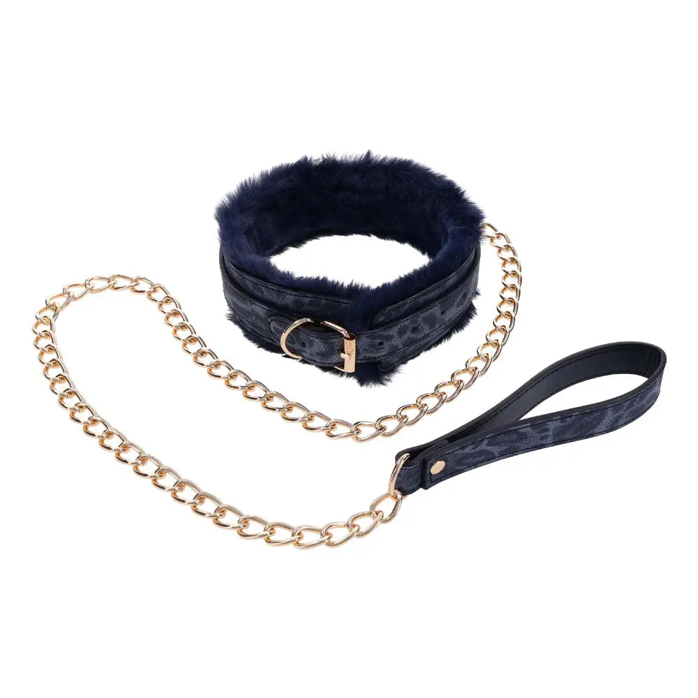 Sex & Mischief Cougar Fur Collar & Leash - Navy /Gold Furry Restraint Sportsheets Discreet Intimate Essentials.