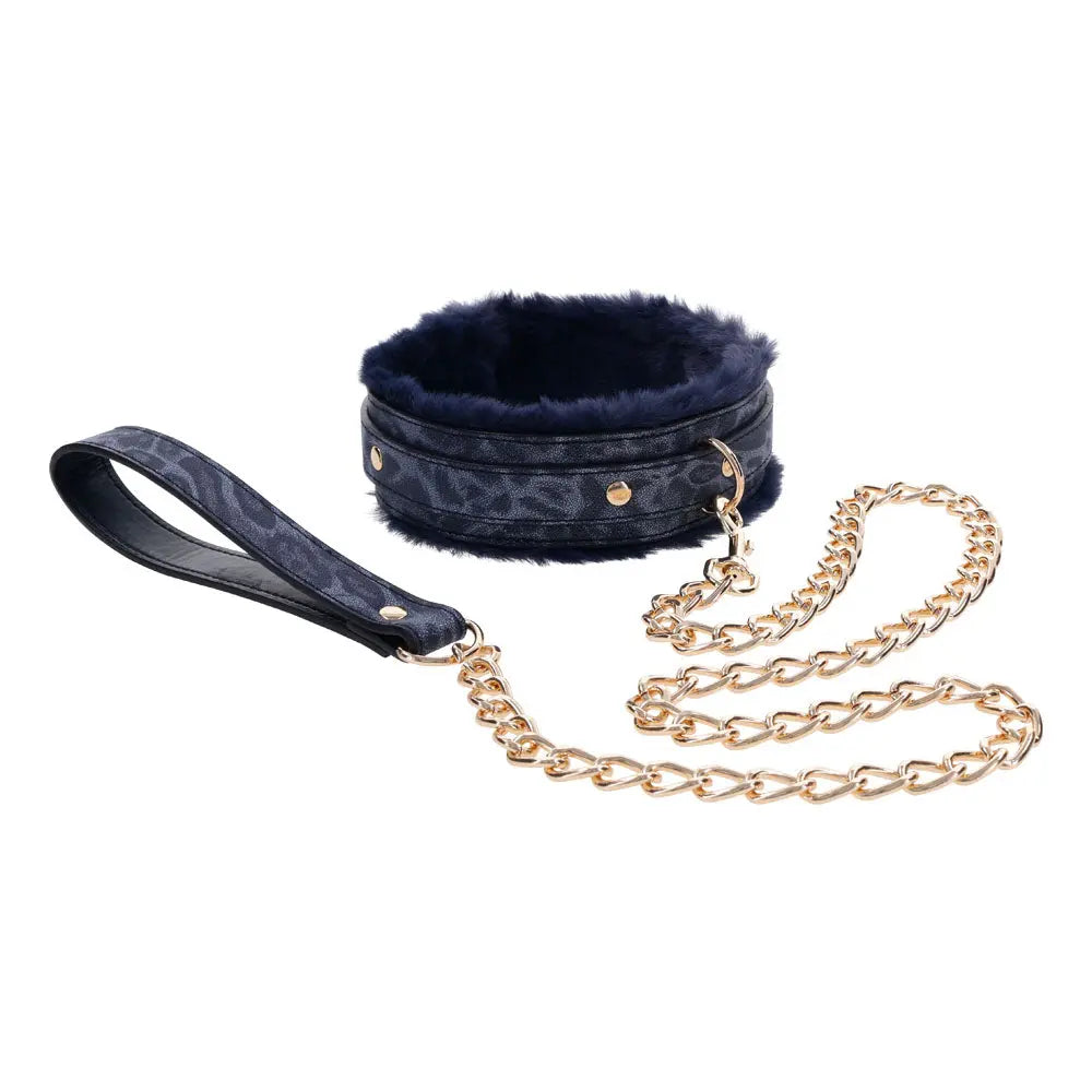 Sex & Mischief Cougar Fur Collar & Leash - Navy /Gold Furry Restraint Sportsheets Discreet Intimate Essentials.