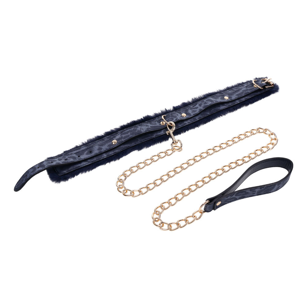 Sex & Mischief Cougar Fur Collar & Leash - Navy /Gold Furry Restraint with faux fur and gold chain.