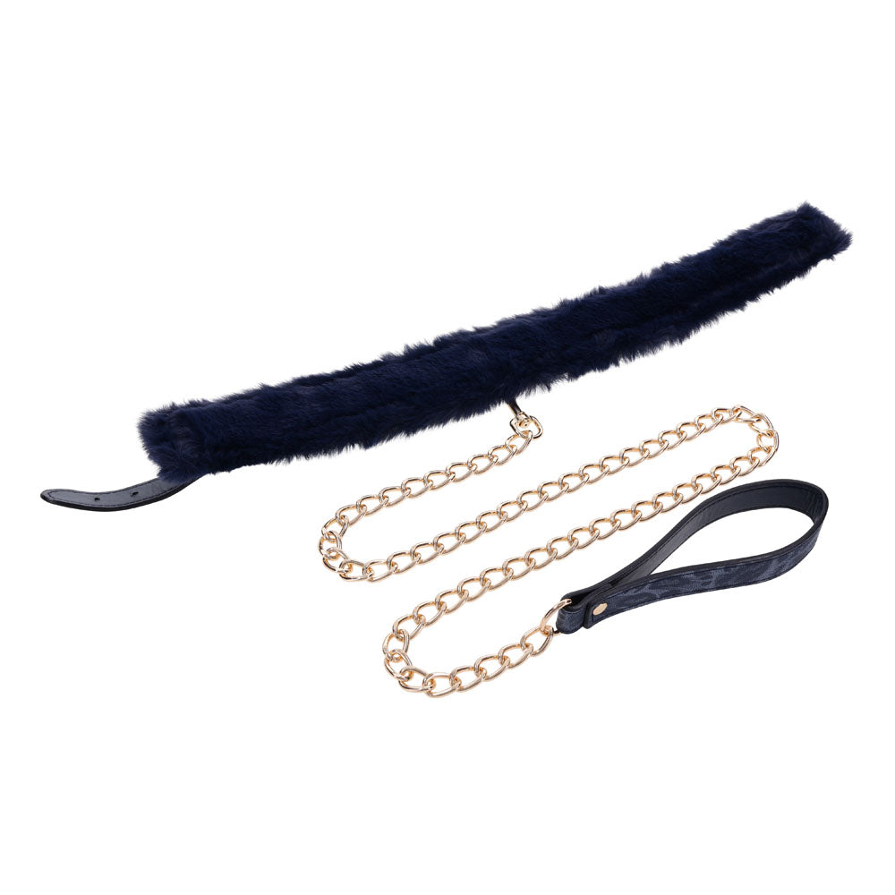 Sex & Mischief Cougar Fur Collar & Leash - Navy /Gold Furry Restraint with soft faux fur collar and gold chain leash.