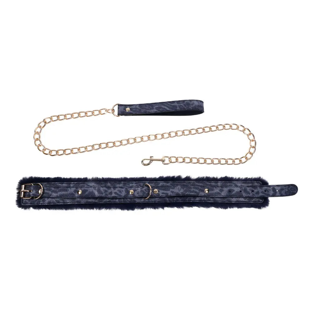 Sex & Mischief Cougar Fur Collar & Leash - Navy /Gold Furry Restraint Sportsheets Discreet Intimate Essentials.