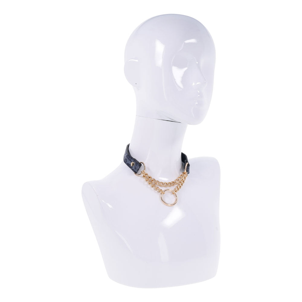 Sex & Mischief Cougar Day Collar - Navy /Gold Collar displayed on a mannequin with gold hardware and faux leather.