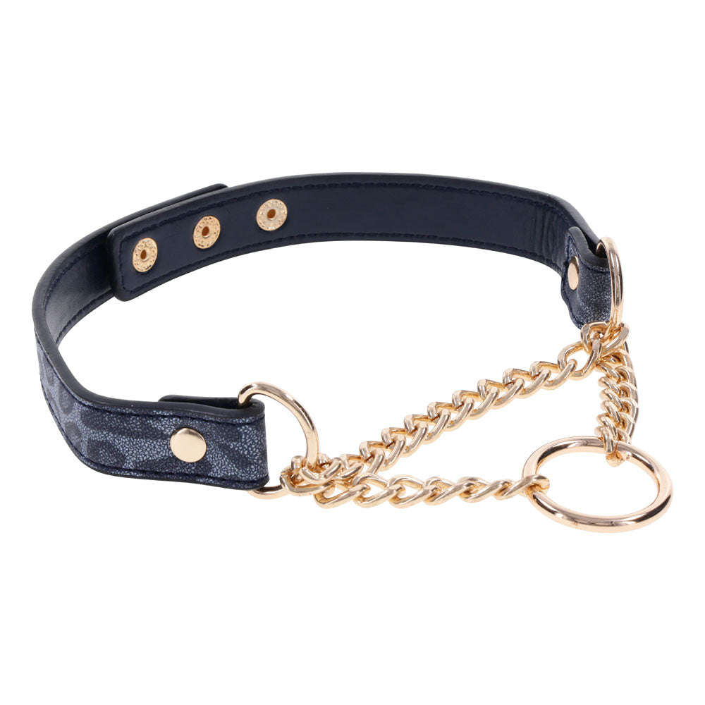 Sex & Mischief Cougar Day Collar - Navy /Gold Collar with gold hardware and chain, perfect for intimate essentials for her.