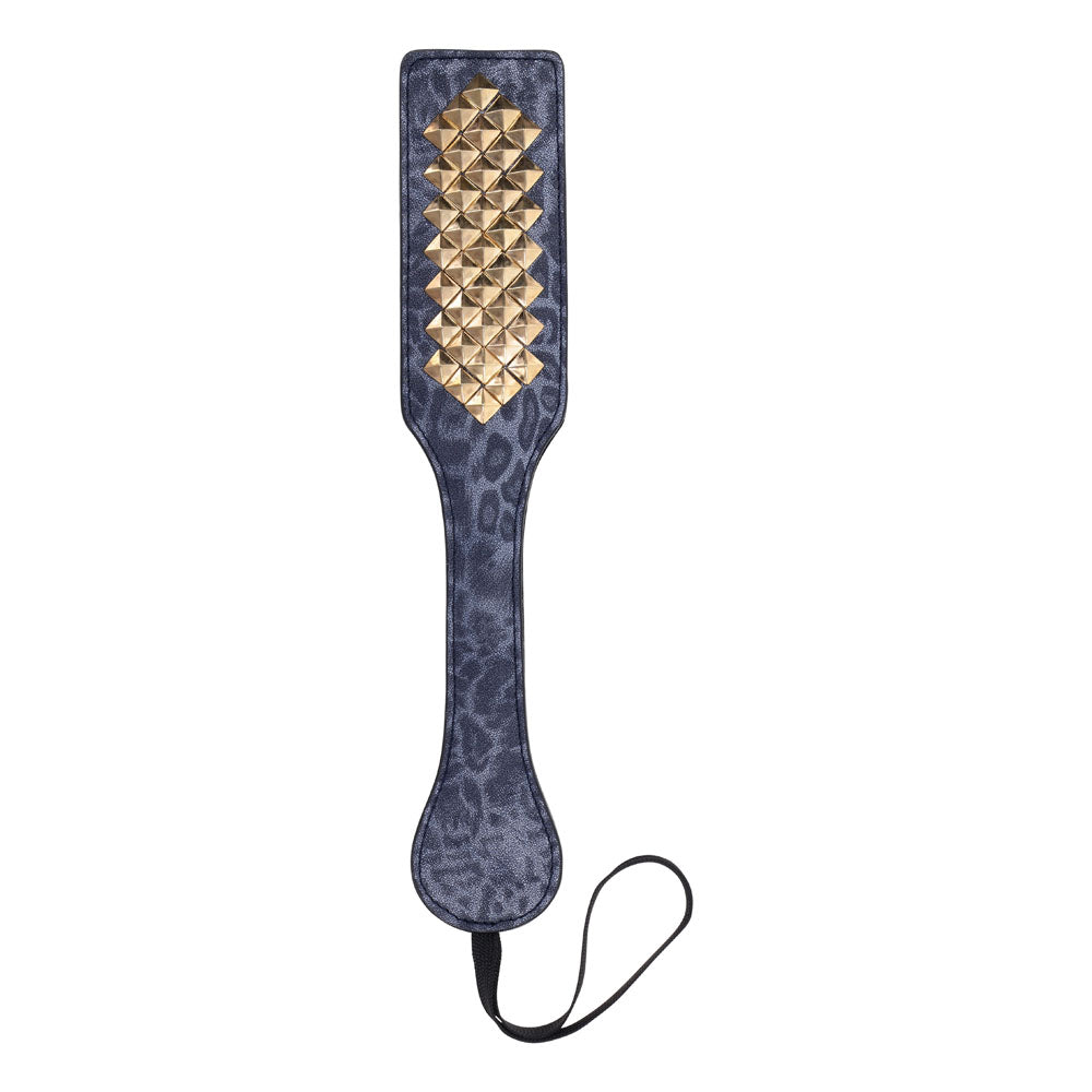 Sex & Mischief Cougar Studded Paddle - Navy Paddle with Gold Studs featuring leopard print faux leather and metal studs.