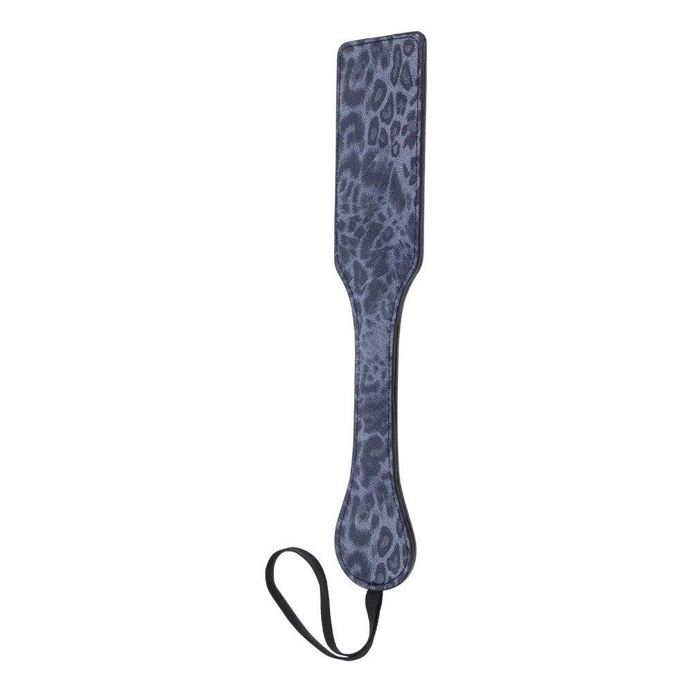 Sex & Mischief Cougar Studded Paddle - Navy Paddle with Gold Studs on a white background, showcasing playful design.