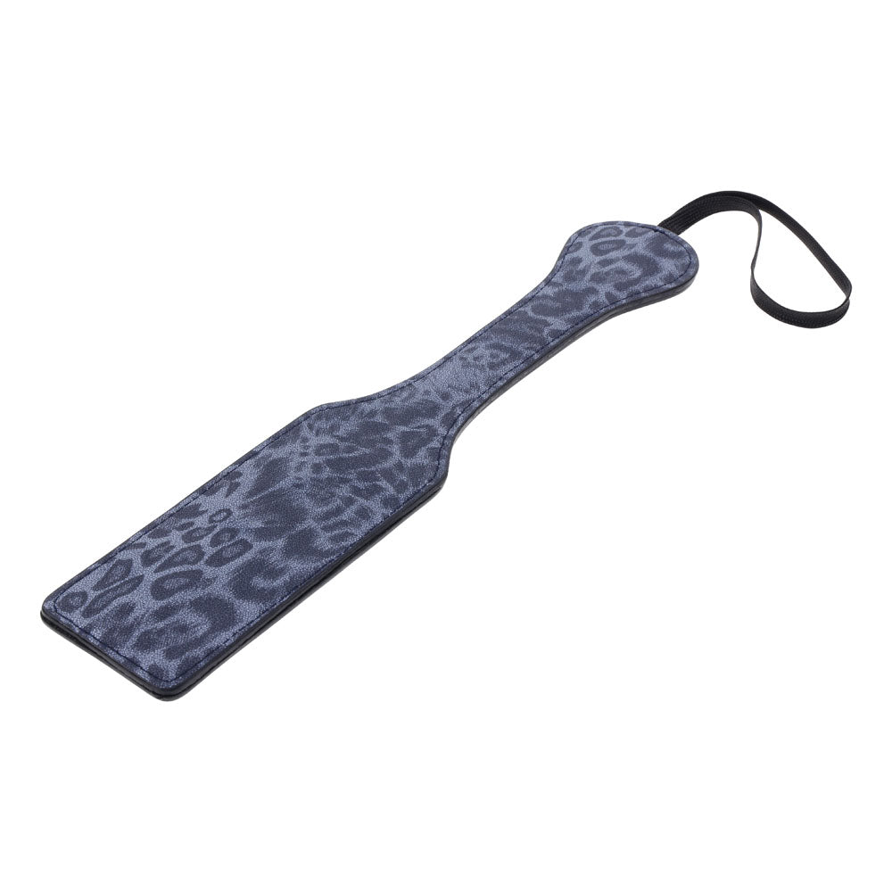 Sex & Mischief Cougar Studded Paddle - Navy  Paddle with Gold Studs showcasing blue leopard print faux leather.