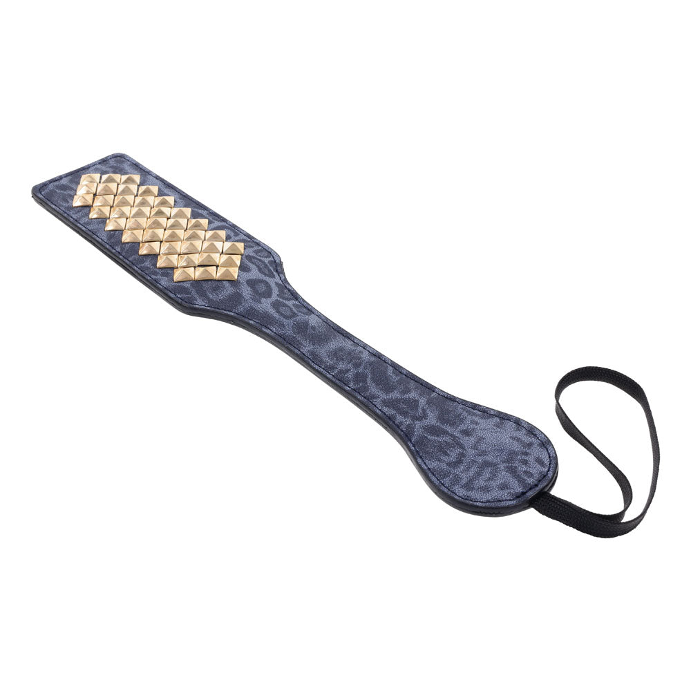 Sex & Mischief Cougar Studded Paddle - Navy Paddle with Gold Studs showcasing a leopard printed design and gold studs.
