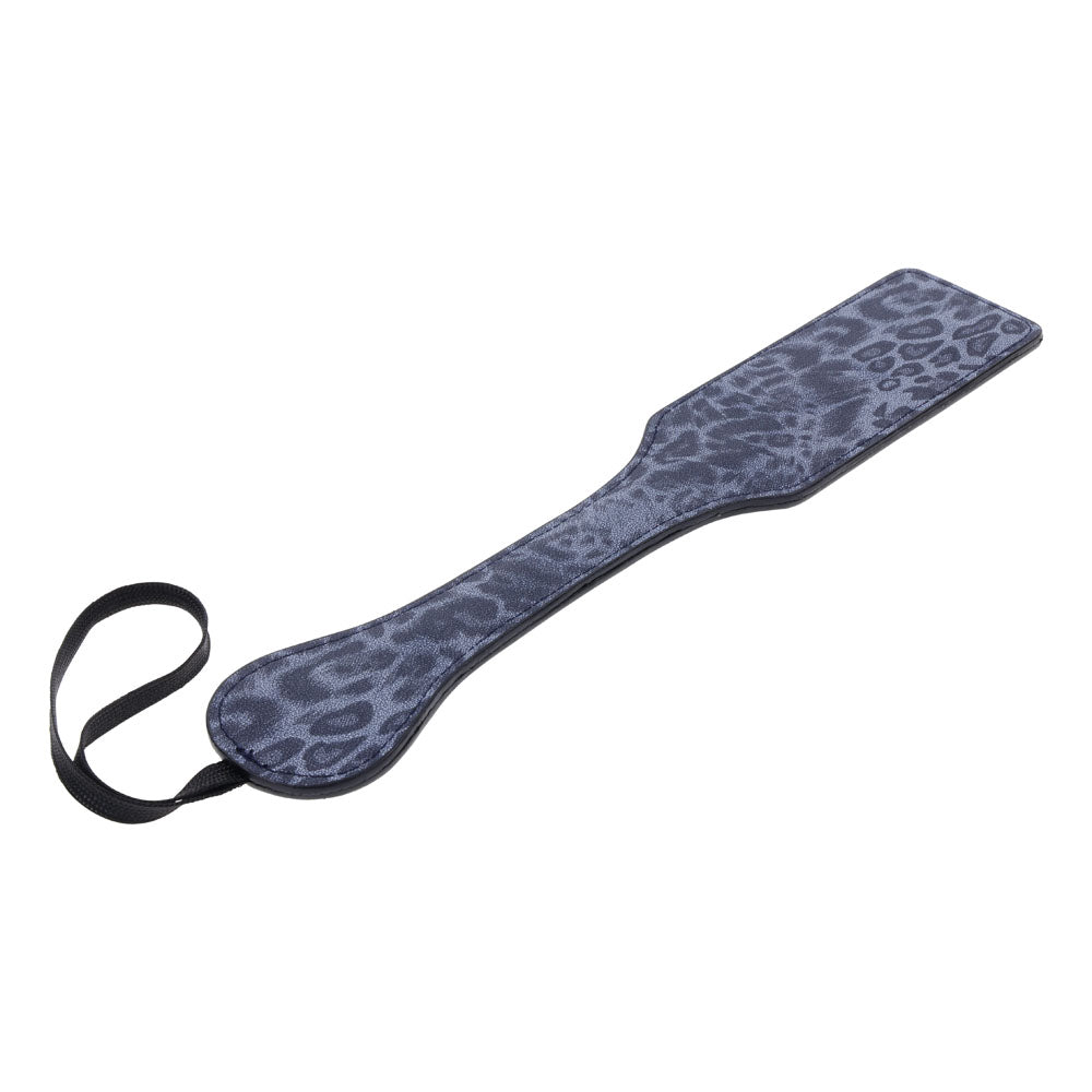 Sex & Mischief Cougar Studded Paddle - Navy Paddle with Gold Studs, featuring a leopard print design and wrist loop.