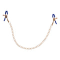 Sex & Mischief Cougar Chained Nipple Clamps - Gold Nipple Clamps with Cougar Chain on a white background.