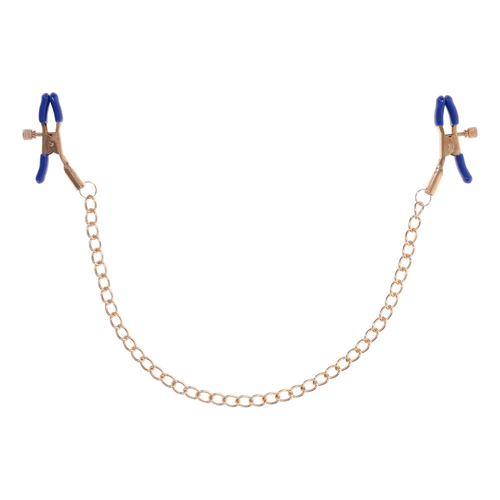 Sex & Mischief Cougar Chained Nipple Clamps - Gold Nipple Clamps with Cougar Chain featuring blue grips and a luxurious chain.