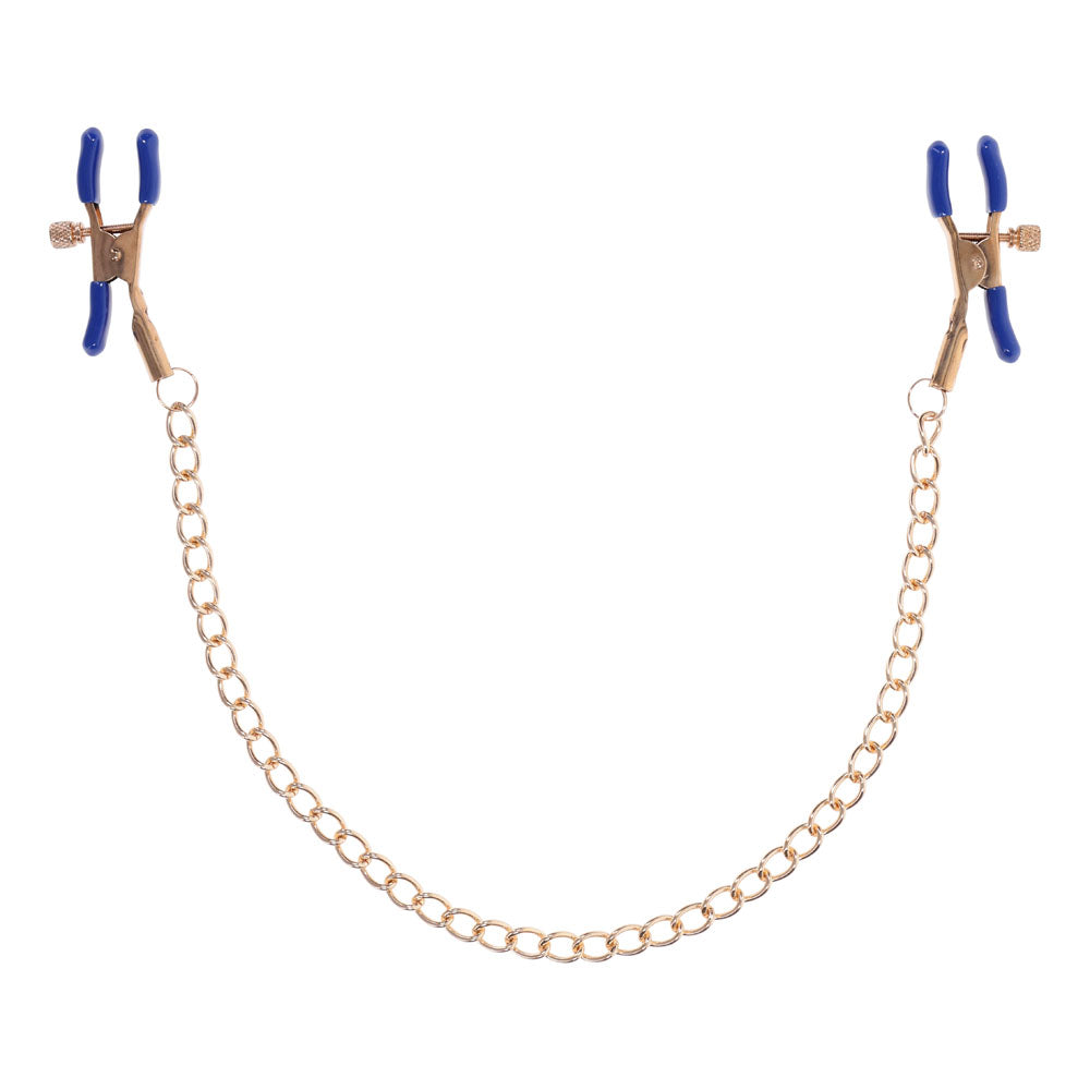 Sex & Mischief Cougar Chained Nipple Clamps - Gold Nipple Clamps with Cougar Chain, featuring blue tips and a gold chain.
