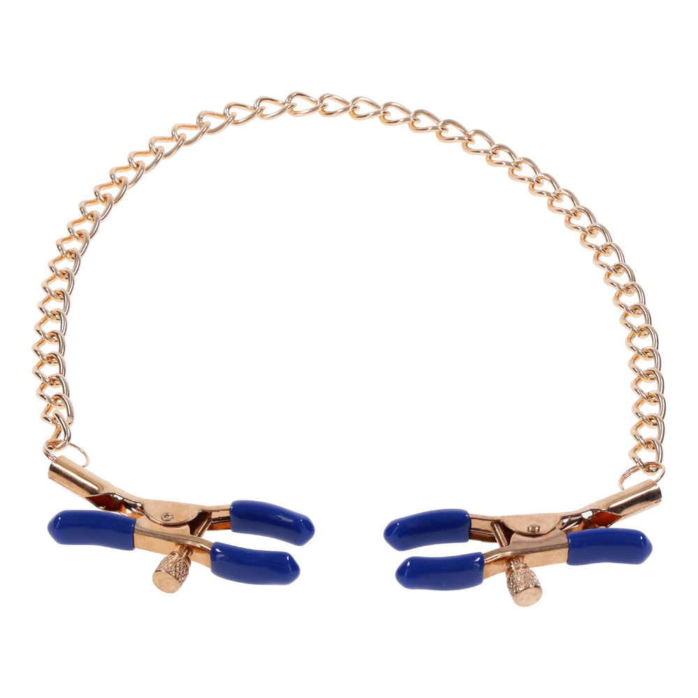 Sex & Mischief Cougar Chained Nipple Clamps - Gold Nipple Clamps with Cougar Chain featuring luxurious design.