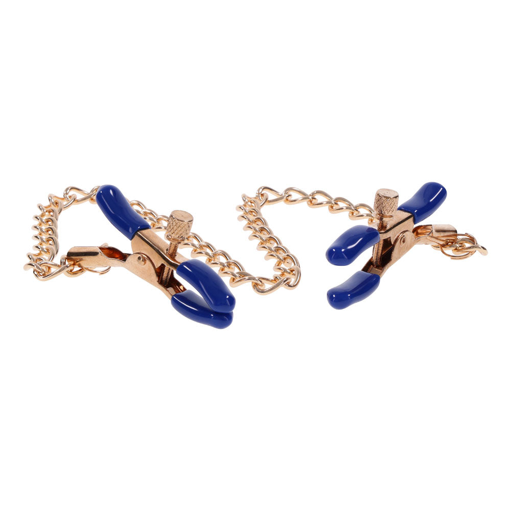 Sex & Mischief Cougar Chained Nipple Clamps - Gold Nipple Clamps with Cougar Chain on a stylish blue background.