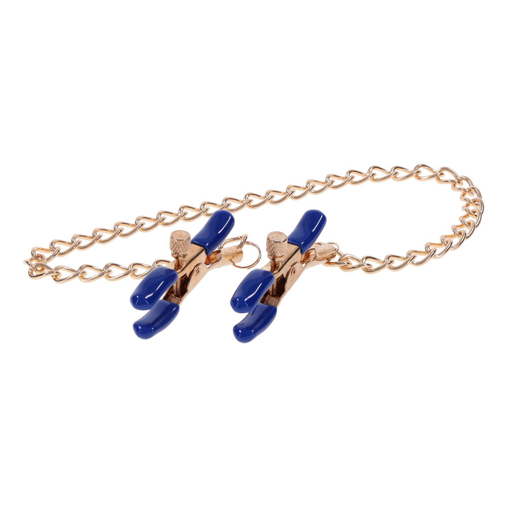 Sex & Mischief Cougar Chained Nipple Clamps - Gold Nipple Clamps with Cougar Chain featuring sultry blue accents.