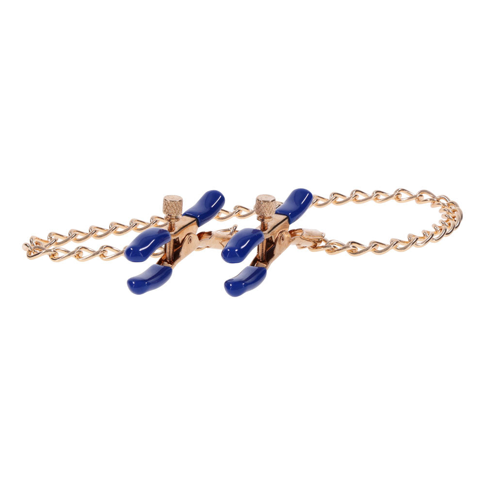 Sex & Mischief Cougar Chained Nipple Clamps - Gold Nipple Clamps with Cougar Chain on a gold chain with blue accents.