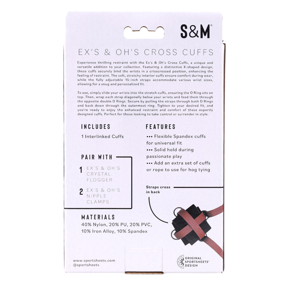 S&M Exs & Ohs Cross Cuffs - /Black Restraints packaging details including materials and features
