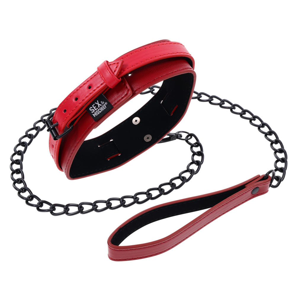 S&M Exs & Ohs Collar and Leash -  Neck Restraint featuring bold red faux leather and sturdy matte black chain.