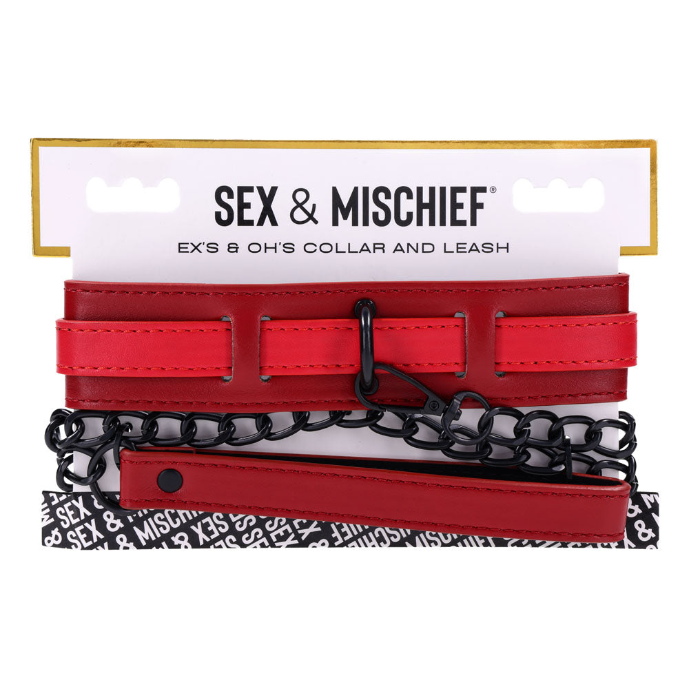 S&M Exs & Ohs Collar and Leash -  Neck Restraint featuring red faux leather and black chain for stylish control.