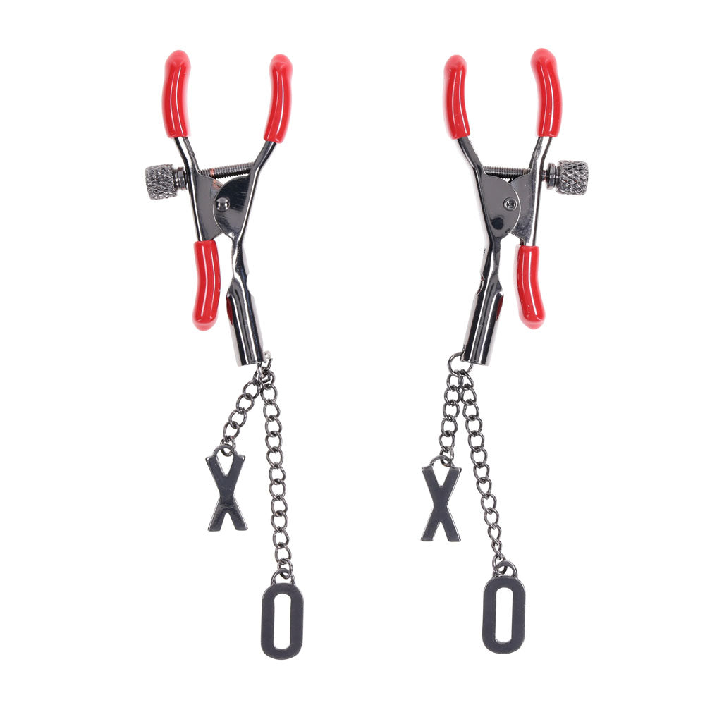 S&M Exs & Ohs Nipple Clamps -  Tipped Metal Nipple Clamps - Set of 2 with soft red rubber tips and dangling charms.