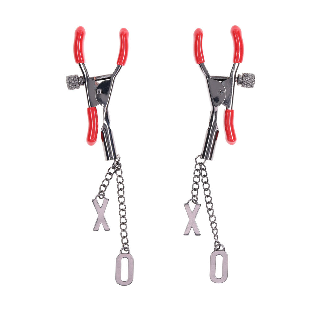 S&M Exs & Ohs Nipple Clamps -  Tipped Metal Nipple Clamps - Set of 2 with red rubber tips and X O charms