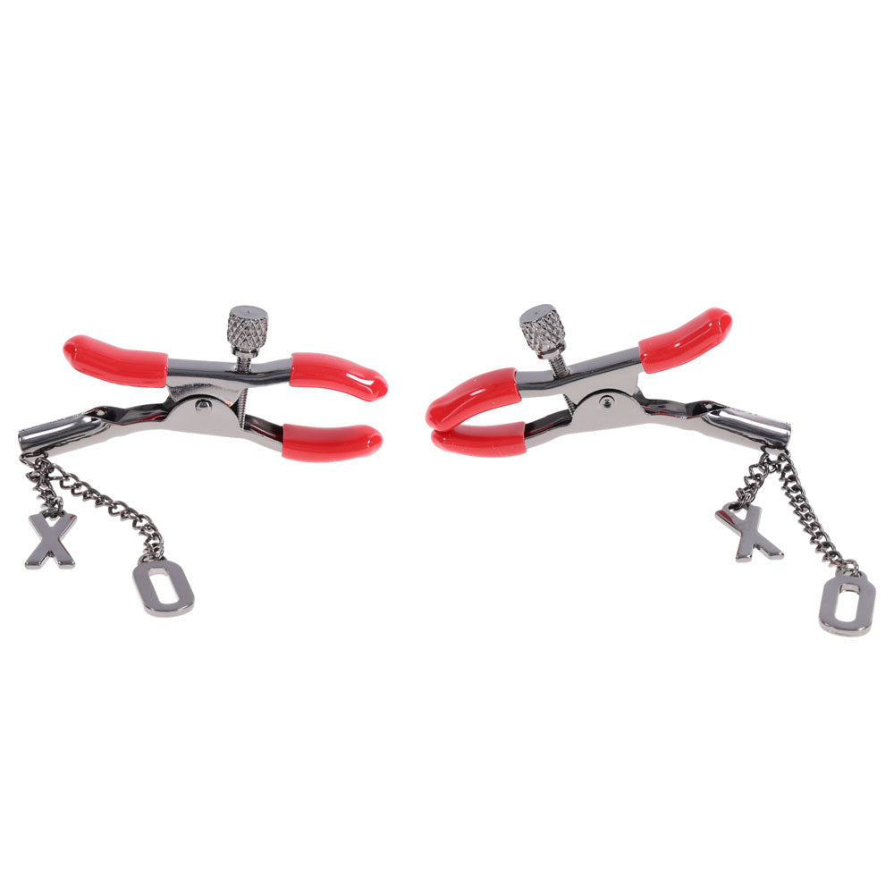 S&M Exs & Ohs Nipple Clamps -  Tipped Metal Nipple Clamps - Set of 2 with red tips and XO charms for playful pleasure.