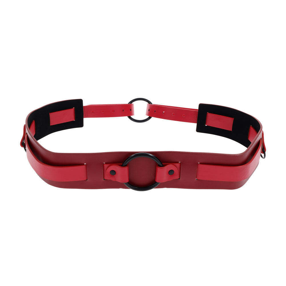 S&M Exs & Ohs Bound and Belted -  Bondage Belt with red accents and multiple attachment points for intimate use.