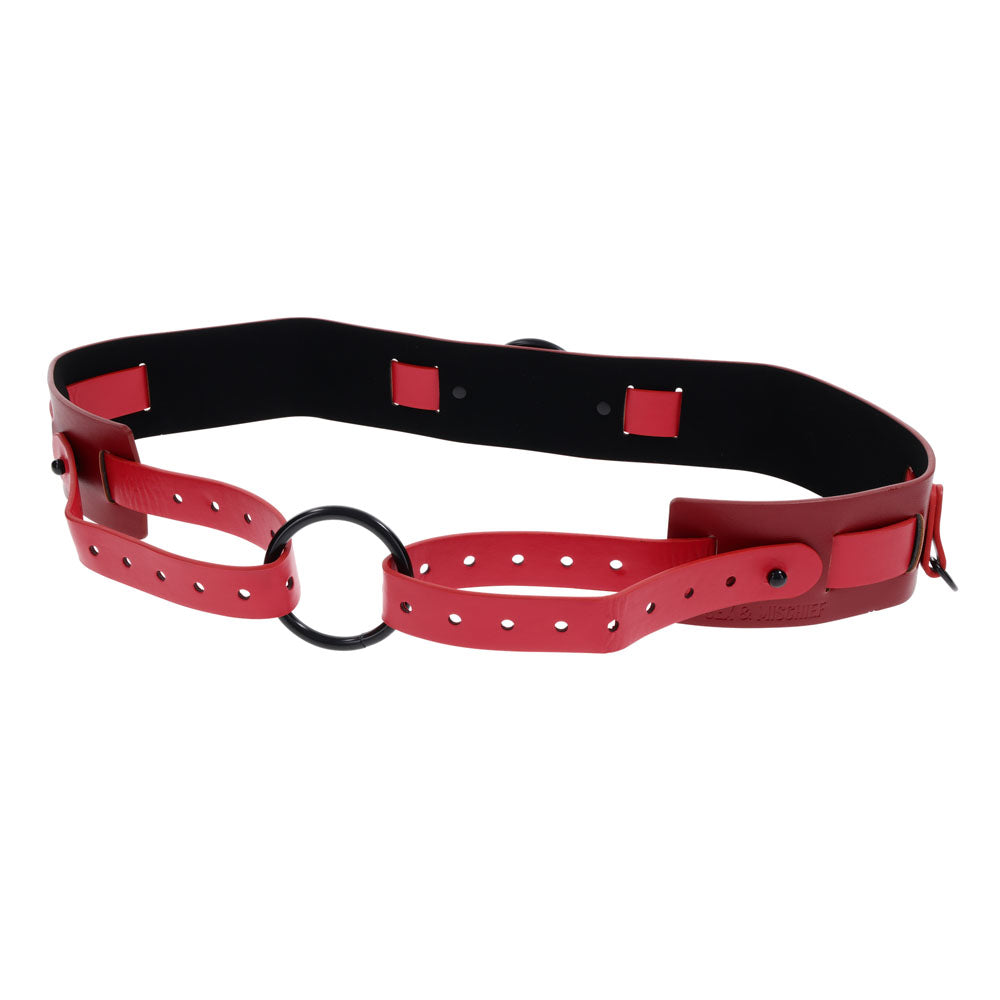 S&M Exs & Ohs Bound and Belted -  Bondage Belt with red accents and multiple attachment points.