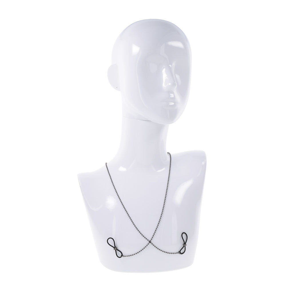 S&M Exs & Ohs Body Jewelry with Nipple Ties - Metal Chain with Nipple Ties displayed on a mannequin bust.