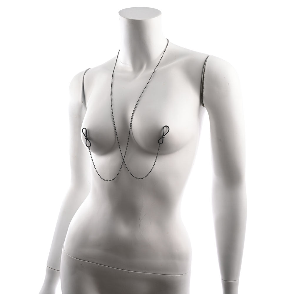 S&M Exs & Ohs Body Jewelry with Nipple Ties - Metal Chain with Nipple Ties showcased on a mannequin.
