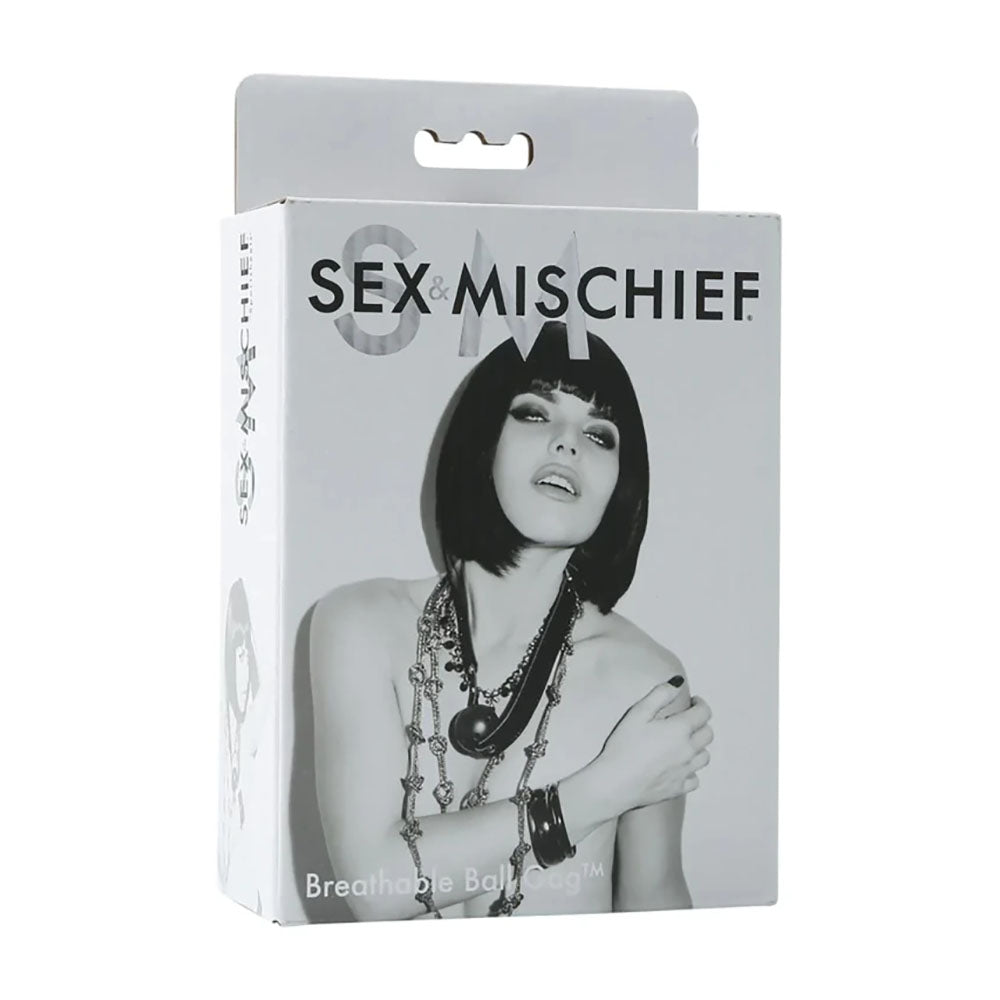 Sex & Mischief Breathable Ball Gag -  Mouth Restraint packaging featuring a stylish woman with bold accessories.