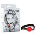 Sex & Mischief Solid Red Ball Gag - Red/Black Mouth Restraint with packaging and model, perfect for intimate essentials for her.