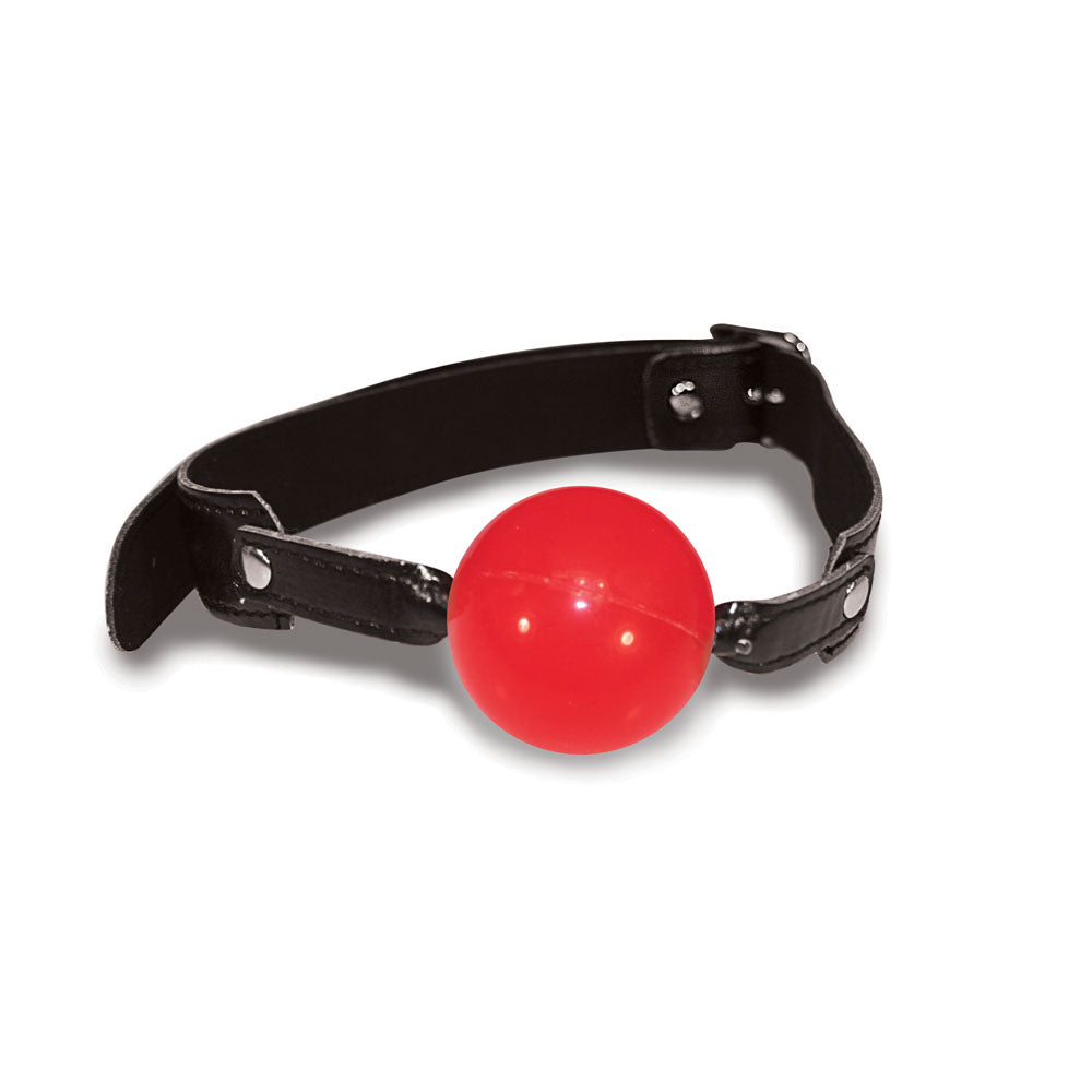 Sex & Mischief Solid Red Ball Gag - Red/Black Mouth Restraint on leather strap for adult novelty and intimate essentials.