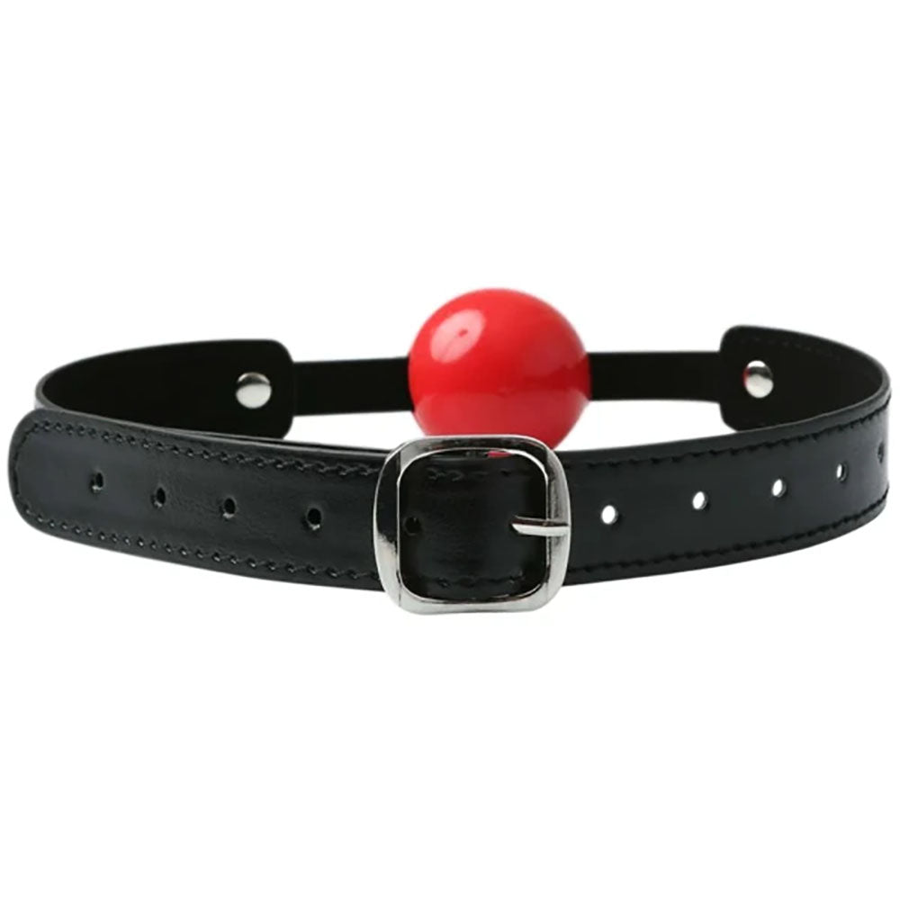 Sex & Mischief Solid Red Ball Gag - Red/Black Mouth Restraint with adjustable strap and soft rubber ball for comfort.