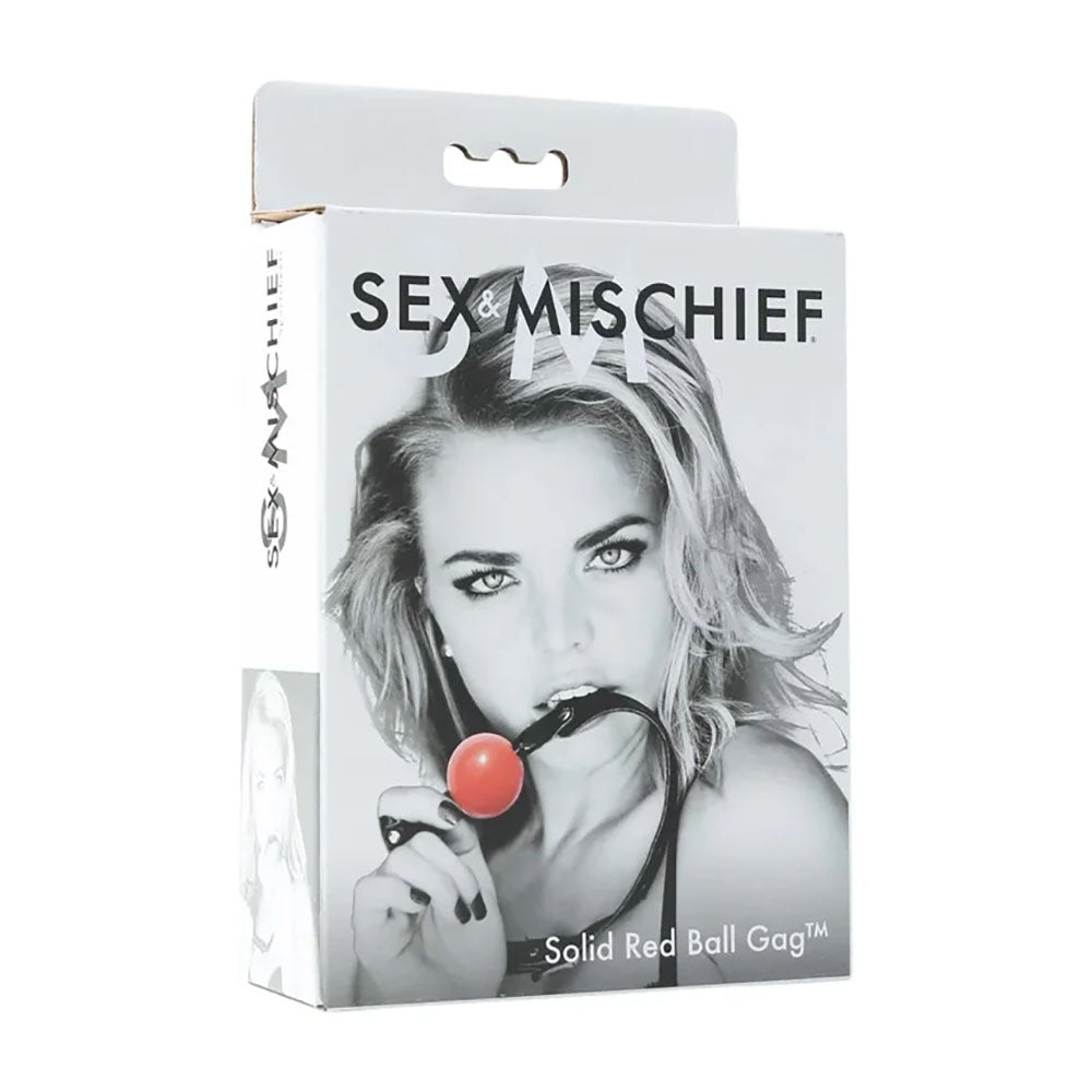 Packaging for Sex & Mischief Solid Red Ball Gag - Red/Black Mouth Restraint with model holding the gag.