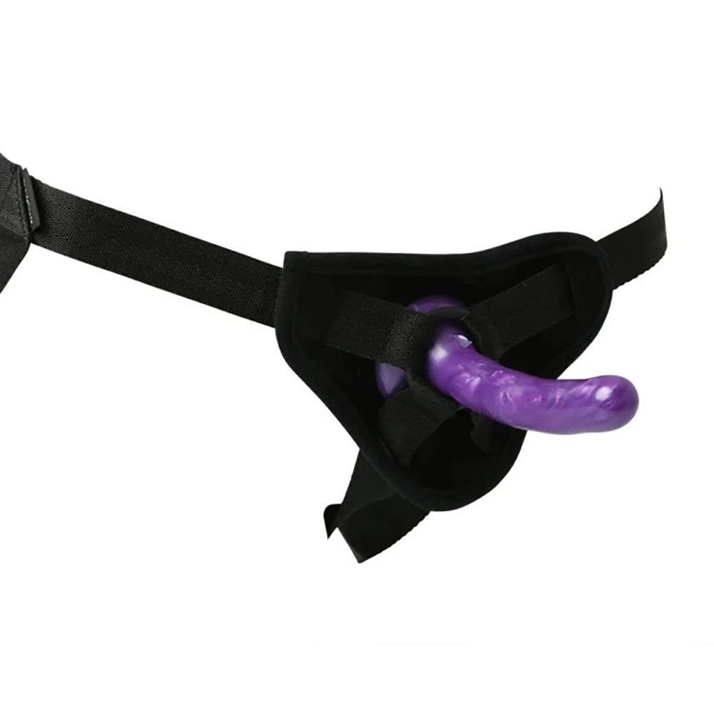 Sex & Mischief Strap-On & Silicone Dildo Kit - /Purple Adjustable Strap-On with slender silicone dildo.