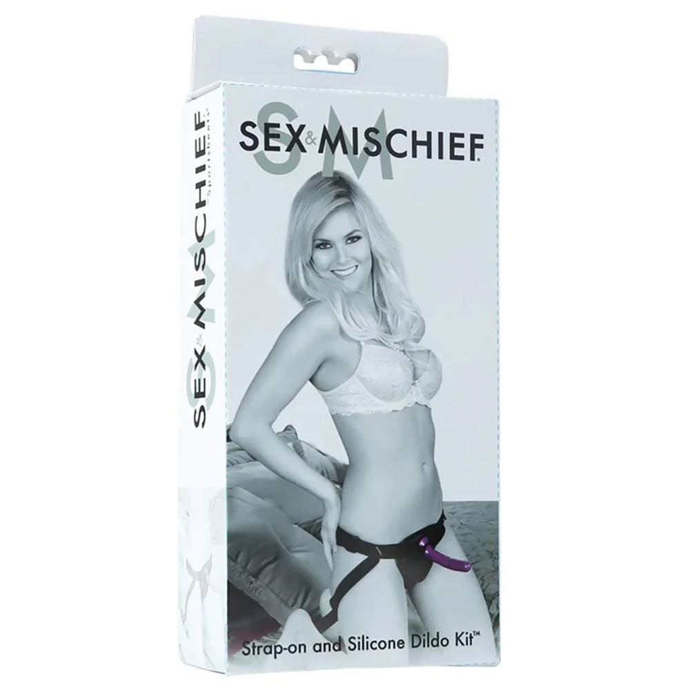 Sex & Mischief Strap-On & Silicone Dildo Kit - /Purple Adjustable Strap-On packaging displayed with model, featuring a beginner's strap-on.