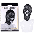 Sex & Mischief Lace Hush Hood - Hood displayed on a mannequin with packaging, showcasing its seductive lace design.
