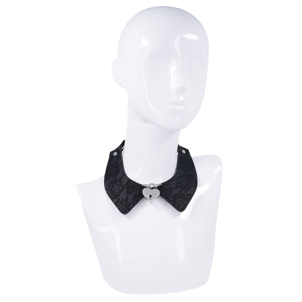 Sex & Mischief Heartbound Lace Day Collar -  Submission Collar displayed on a mannequin bust with a heart lock.