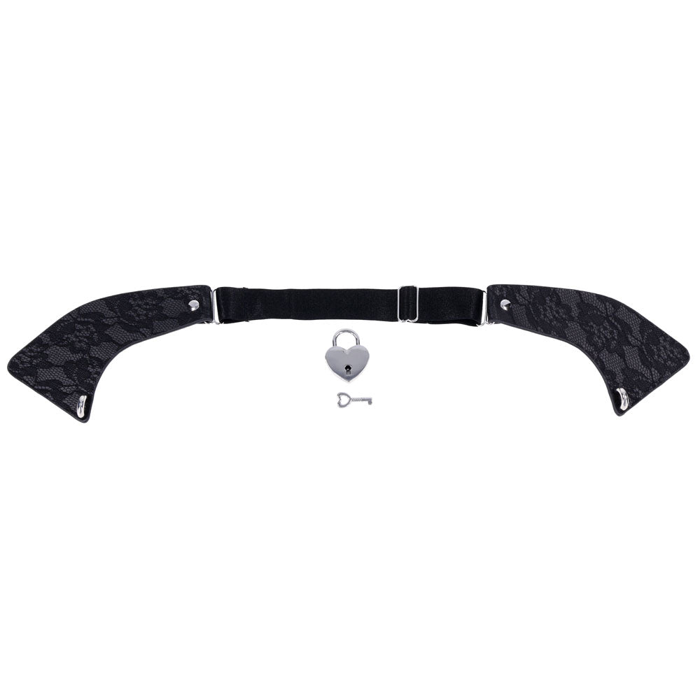 Sex & Mischief Heartbound Lace Day Collar -  Submission Collar with polished silver heart lock and key, elegant design.