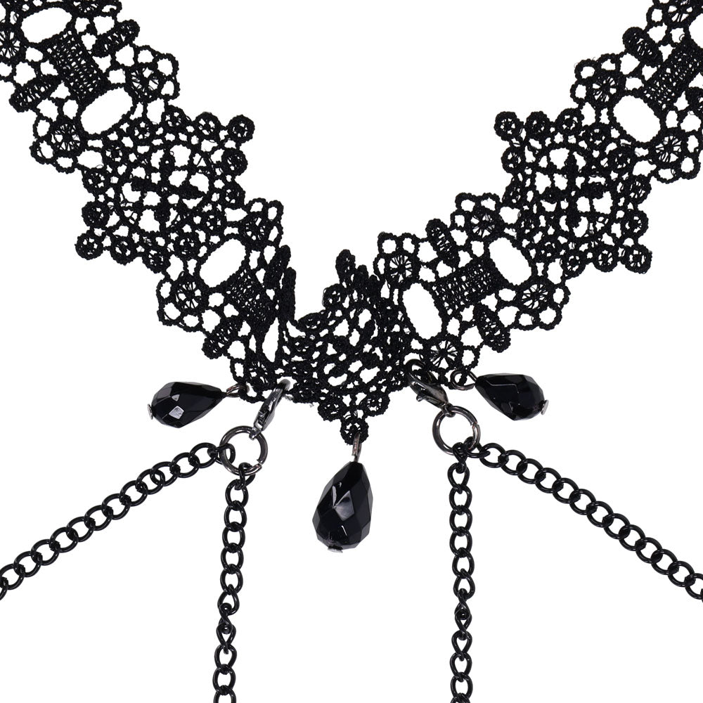 Sex & Mischief Lace Collar with Nipple Ties - Neck and Nipple Restraints featuring black lace and gemstone accents.